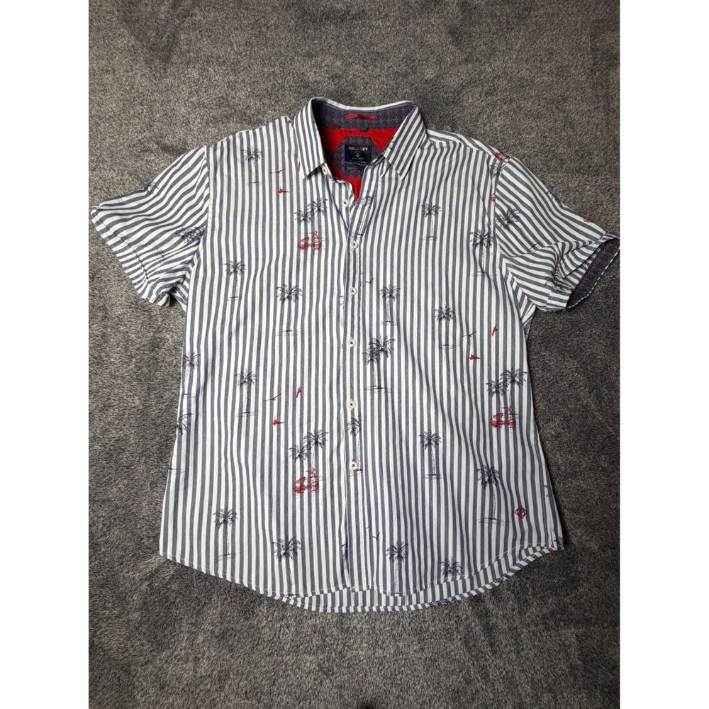 Modern by Point Zero Womens Blue White Striped Tropical Palm Scooter Shirt L